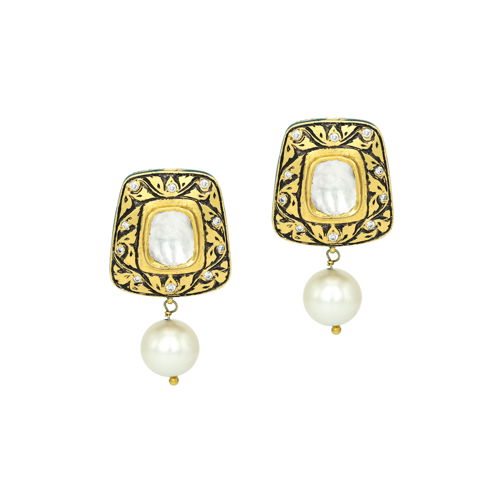 Polki Studs with Partash Detailing and Pearl Drop